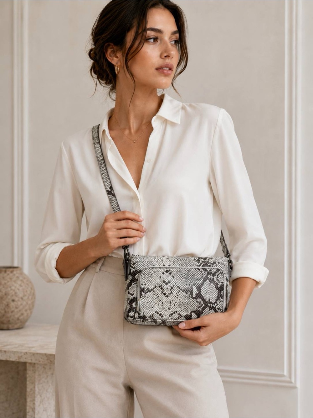 Margot New York Women Genuine Leather Crossbody Bag Gray Snake Print Multi Zip